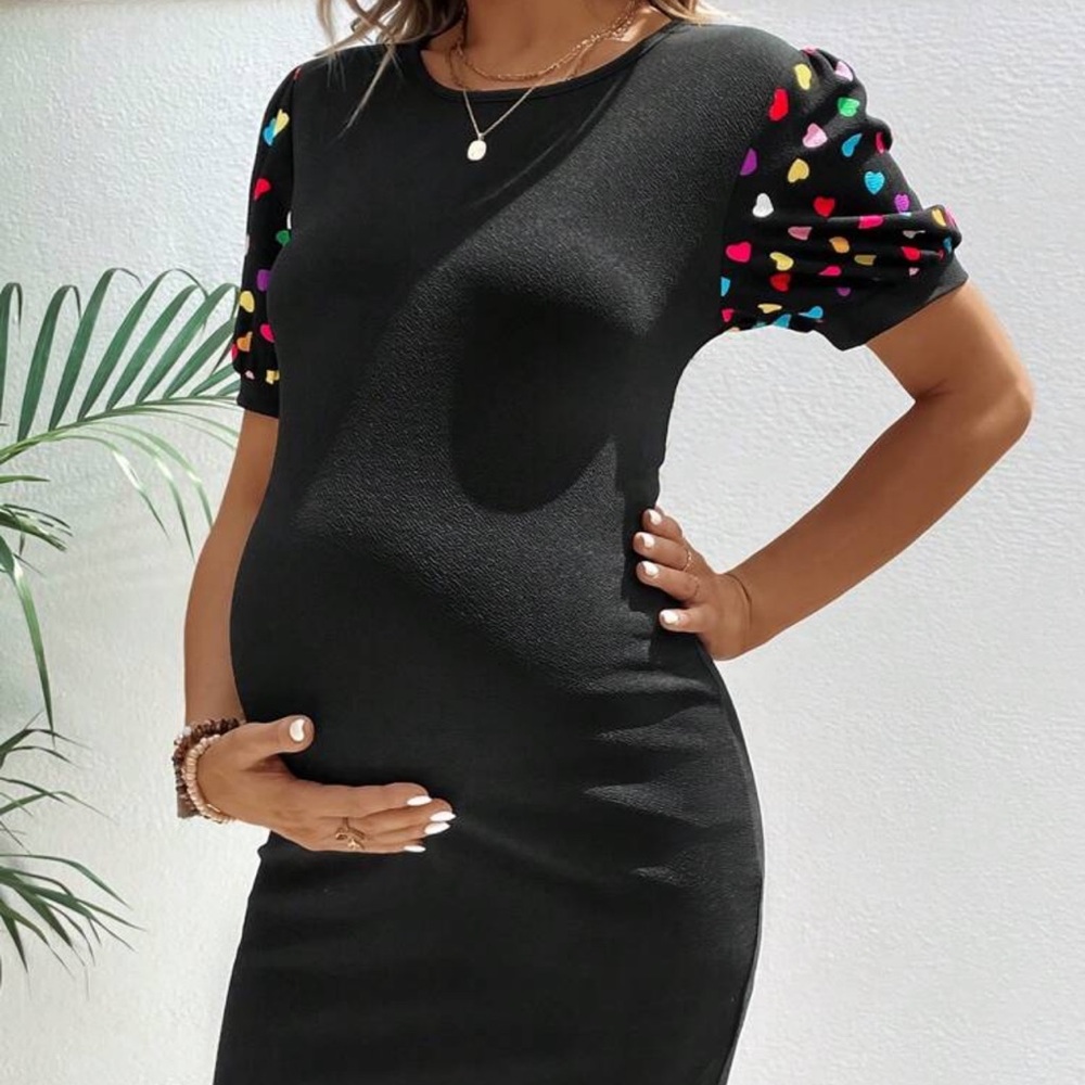 SHEIN maternity Black Midi Dress with Colorful Heart Sleeves